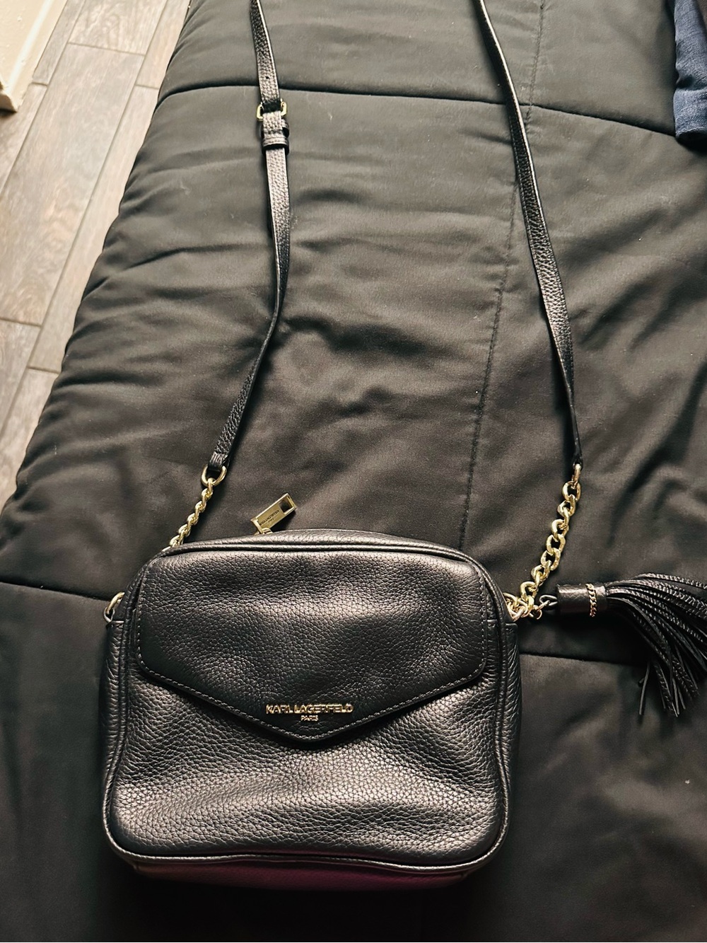 Karl Lagerfeld Black Pebbled Leather Crossbody with Tassel and Gold Chain
